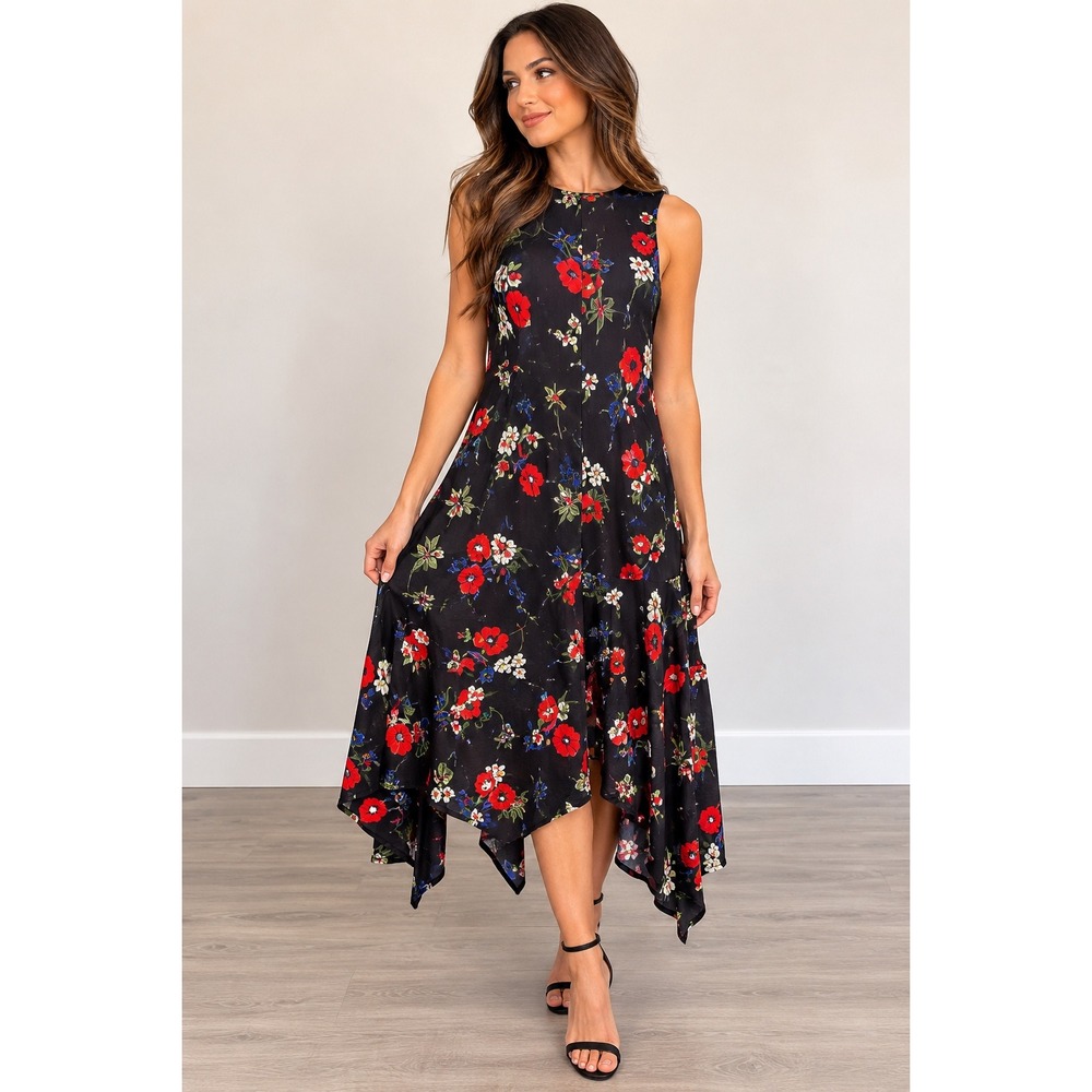 Calvin Klein Floral Midi Dress Women 10 Black Excellent Poppy Handkerchief Hem